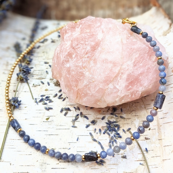 Natural Tanzanite & Gold Ball Beads In Assymetrical Choker/Necklace - Picture 7 of 8